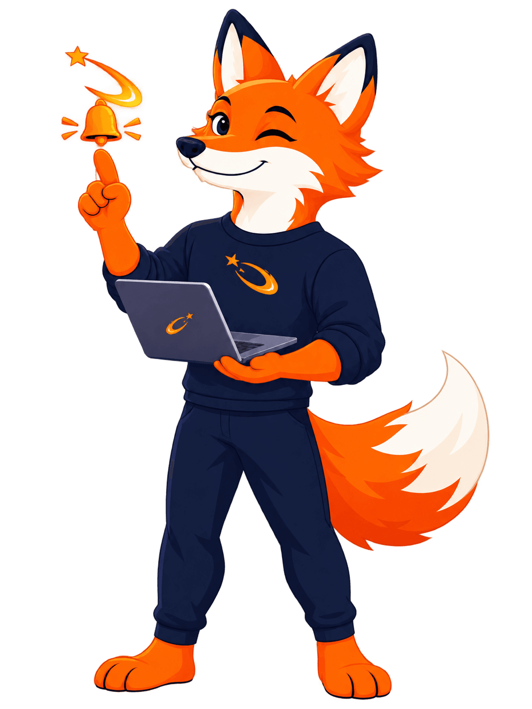 CometFox mascot holding a laptop and ringing a notification bell